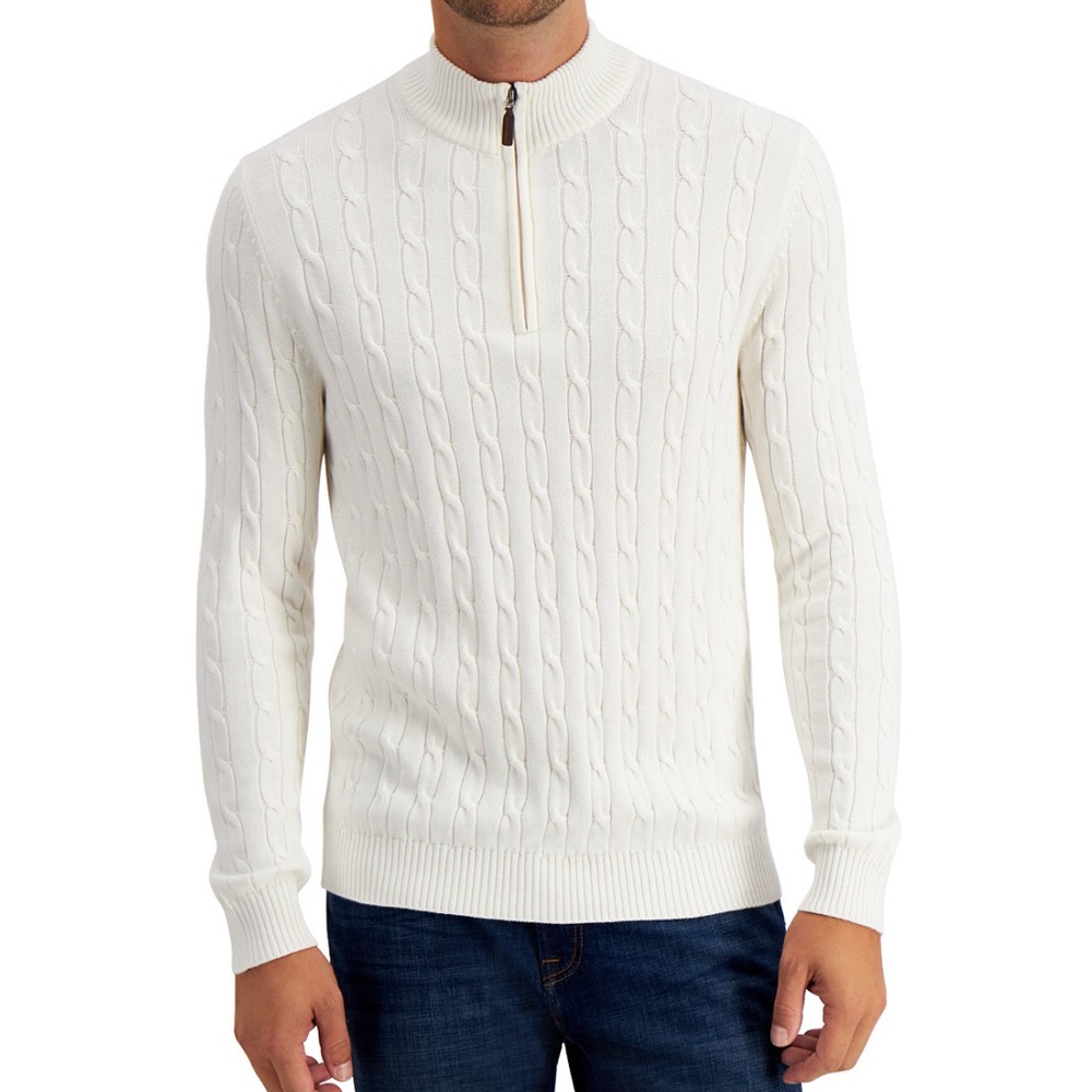 Club Room Men’s White Knit Pullover Quarter Zip Sweater Size L Cotton Macy’s